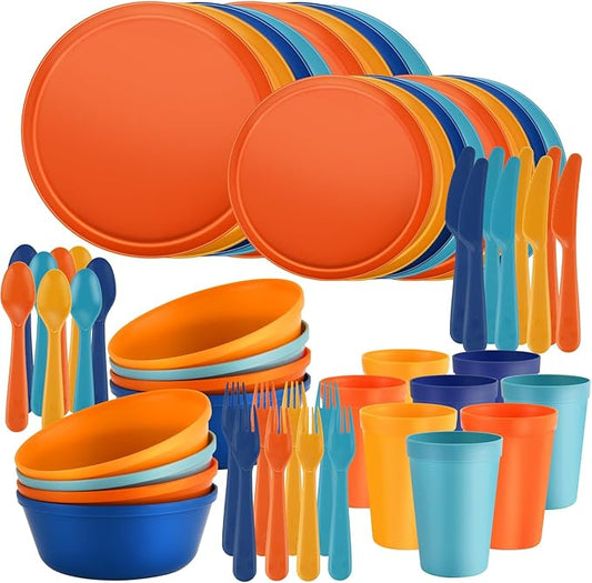 Plastic Dinnerware Sets – 40-Piece Colorful Plates and Bowls Set for 8, Reusable Unbreakable Fiesta Style Party Dishes with Cups, Knives, Forks and Spoons, for Outdoor, Picnic or Everyday Use