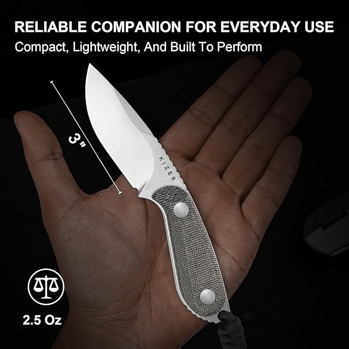 Kizer Buddy Fixed Blade Knife, 3" 14C28N Steel Camping Knife with Black Micarta Handle, Compact EDC Fixed Blade Knives with Sheath for Hiking & Camping 1081A8