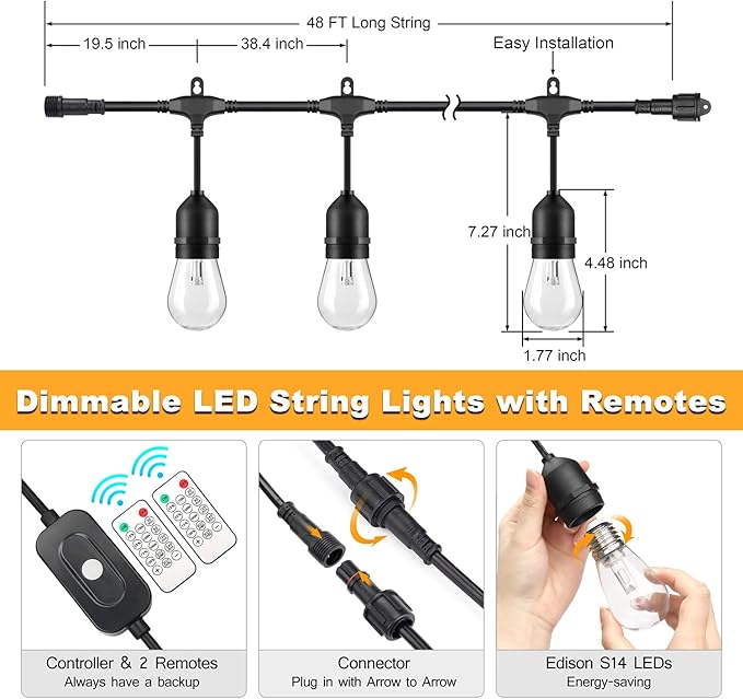 Mlambert 3 Color Outdoor LED Dimmable String Lights for Patio with Remote, Plug in 48FT Waterproof Shatterproof Edison Bulb Lights for Bistro Pergola