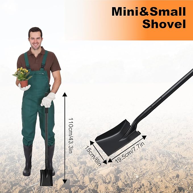 Small Square Shovel 43.3Inches Small Shovel with Metal Handle Garden Tool for Camping Farming Gardening Digging, Black