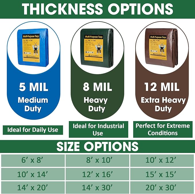 Heavy Duty Double-Sided Waterproof Poly Tarp 20x30 Feet 8mil Thick Polyethylene Tarps, Perfect for Outdoor Use, Plastic Cover & Mat for Tent Camping Storage Boat Bikes Vehicles