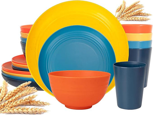 Supernal Unbreakable Dinnerware Set, 16 Pcs Plates and Bowls Sets of 4,Plastic Plates Reusable, Plastic Dish Set for Camping & Apartment, Dishwasher Safe, Kitchen Essentials(Four Color Matching)
