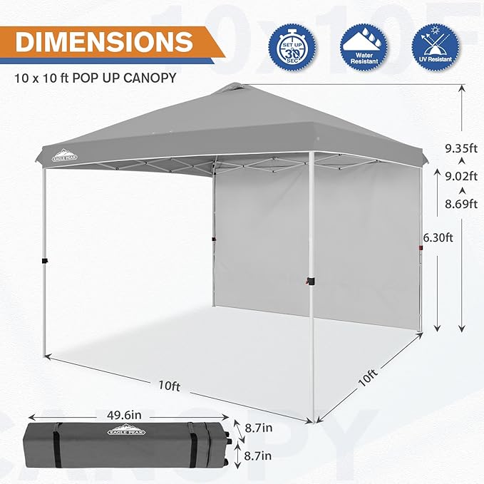 EAGLE PEAK Pop Up Canopy Tent with 1 Sidewall, Easy Setup Event Tent, Outdoor Sun Shade, Wheeled Carry Bag, Stakes and Guy Ropes, Instant Canopy 10x10, Light Gray