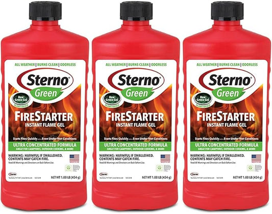 Sterno Fire Starter, Ethanol - Firestarter Instant Flame Gel - Ultra-Concentrated Fuel for Camp Fire or Fireplace - All-Weather Ethanol Burner for Indoor & Outdoor - 16 Oz Each, Pack of 3 Bottles
