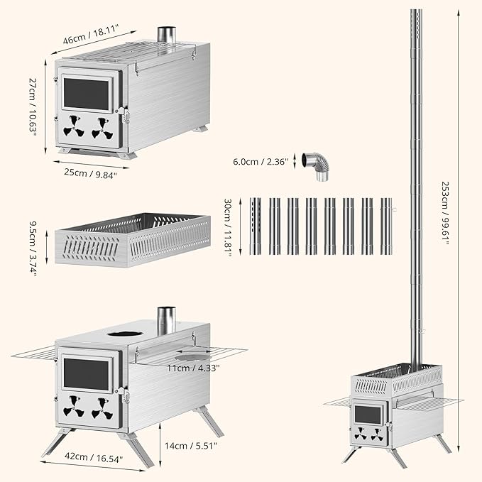 Wood Burning Sauna Hot Tent Stove, 2 in 1 Tent Wood Burning Stove with Chimney Pipe for Outdoor Camping Heating