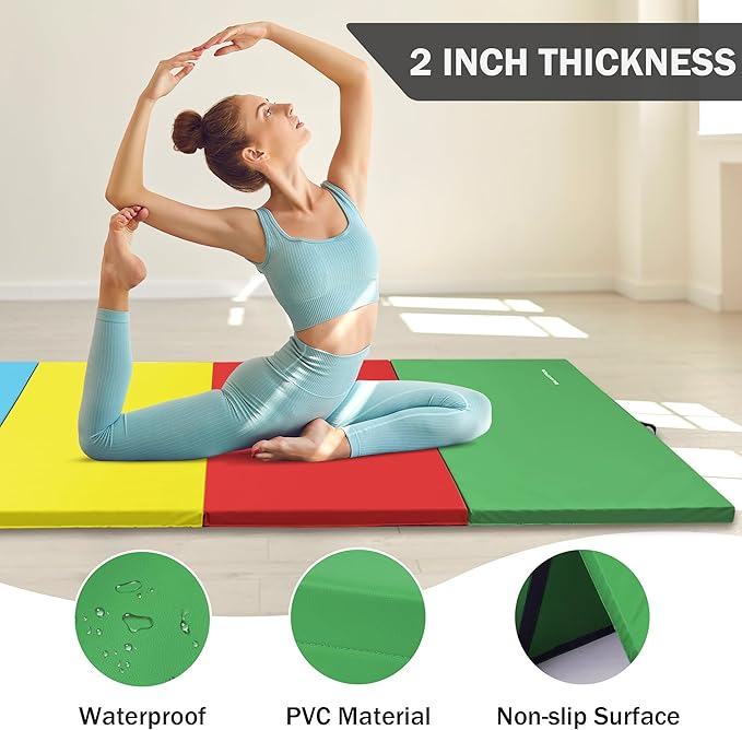 Folding Exercise Gymnastics Mat, 4'x8'x2" Gym Workout Mat with Carrying Handles 4-Fold High-Density Anti-Tear Portable Fitness Aerobics Mat for Home Gym Yoga Pilates Tumbling MMA Core Training