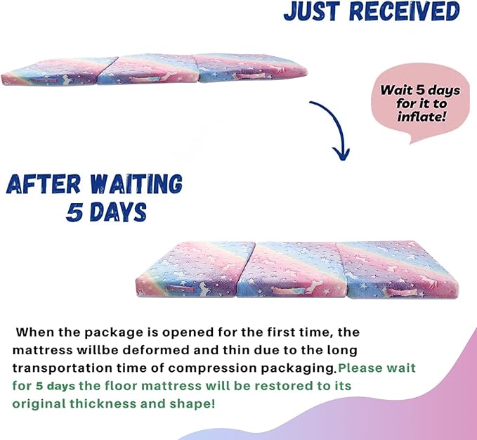 MeMoreCool Glow Rainbow Unicorn Foldable Floor Mattress for Kids, Trifold Nap Mat for Toddlers, Portable Daycare Sleeping Futon or Floor Bed, 57x22 Inch