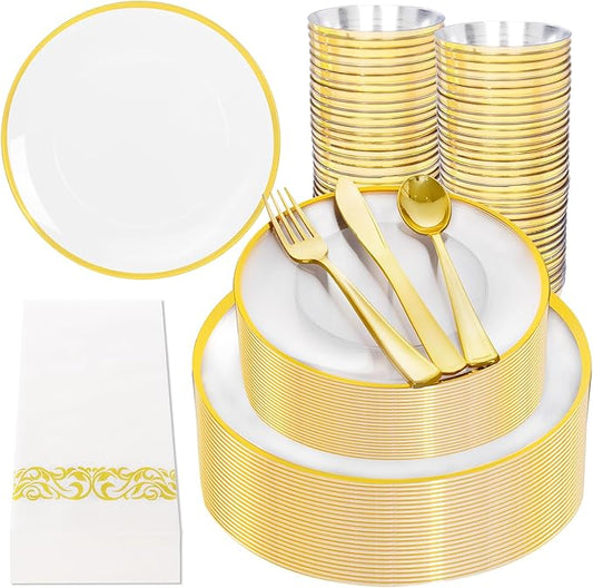 NOCCUR 350PCS Clear and Gold Plastic Plates - Gold Disposable Plastic Dinnerware Set for 50 Guests Include 100 Plastic Plates, 150 Gold Cutlery, 50 Cups&50 Napkins Idea for Wedding&Party