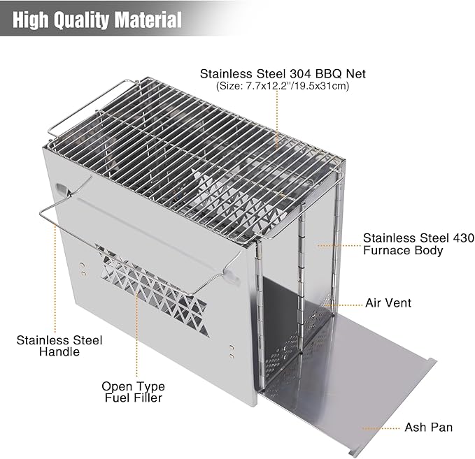 REDCAMP Wood Burning Folding Camp Stove Stainless Steel Grill, Rectangle Style Portable Collapsible Backpacking Stove Survival Rocket Stove for Hiking Outdoor Tent Camping Picnic BBQ, Large