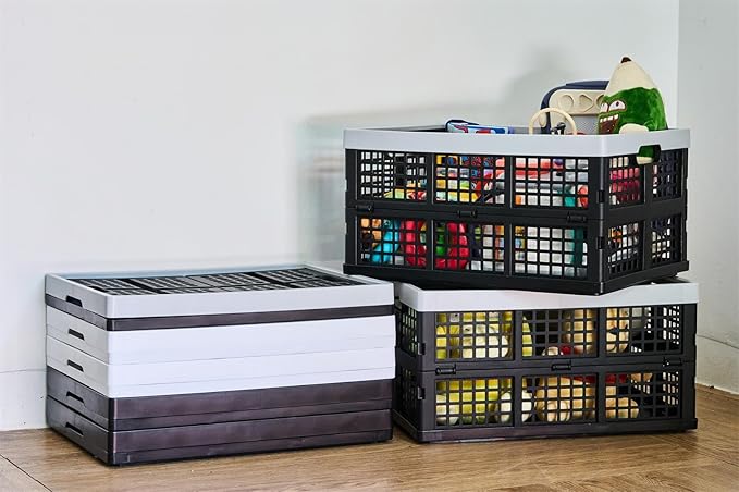 3-Pack Plastic Collapsible Storage Crates-30L,Foldable Plastic Crates for Storage (Black+Gray)