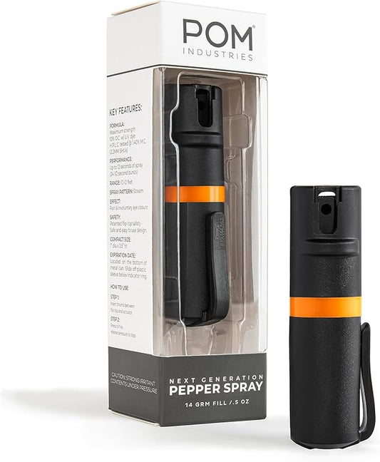 POM Pepper Spray Pocket Clip, Quick Flip Top Safety, Maximum Strength OC Formula with UV Marking Dye, Safe Compact and Tactical Design for Everyday Carry, 25 Bursts, 10 ft Range, 0.5 fl oz