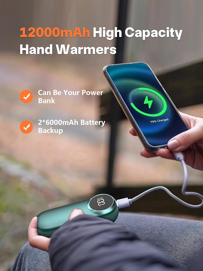 Hand Warmers Rechargeable,12000mAh Electric Hand Warmers with Light, 2 Pack Pocket Hot Hands Reusable Up to 20 Hours, Double Sided Heat Portable Heater for Hunting, Camping Gear, Stocking Stuffers