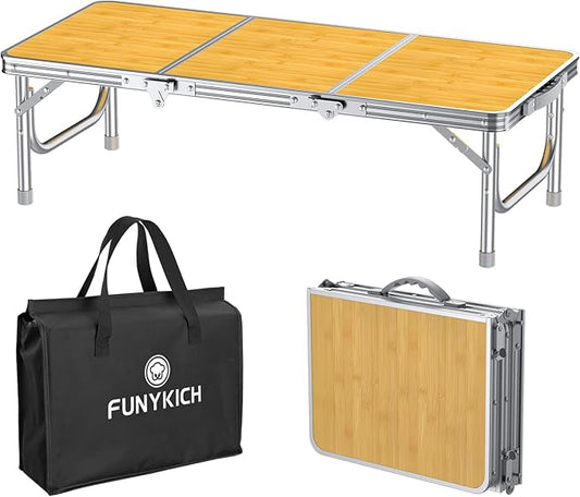 FUNYKICH 3ft Low Folding Picnic Table(34.2''x15.7''x10.3''), Thicker Aluminum Legs Beach Table with Handle & Carry Bag, Lightweight Small Camping Table for Picnic Beach Camping Party, Yellow