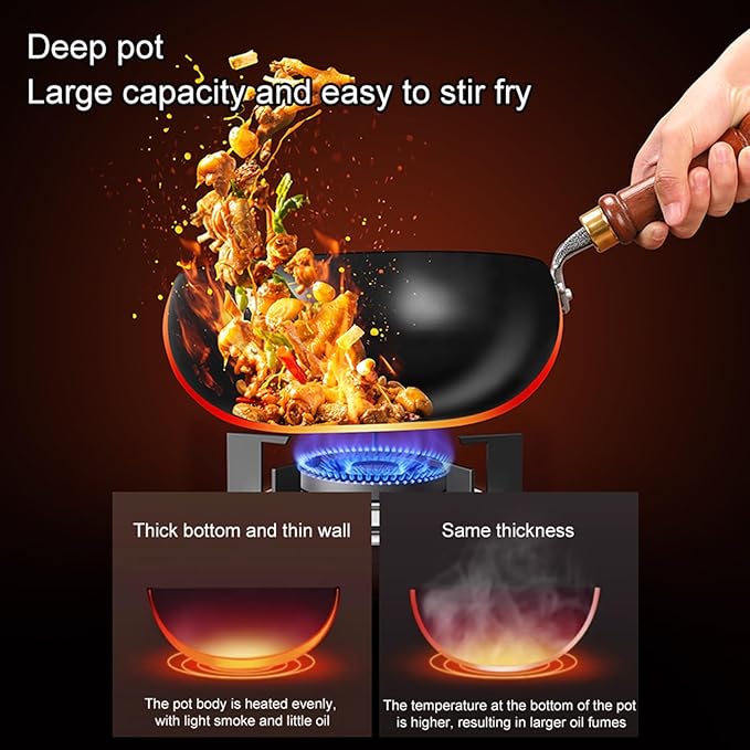 Carbon Steel Wok Pan, 9.5" Woks & Stir-Fry Pans with Glass Lid Cookwares, Nonstick Wok Flat Bottom Small Handmade Chinese Wok For for All Stoves