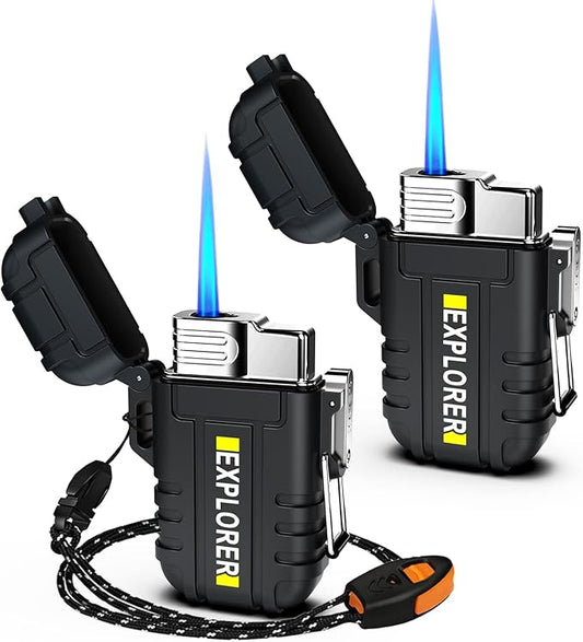 Torch Lighter, 2 Pack Butane Windproof Outdoor Gas With Adjustable Jet Flame, for Fireplace Fireworks Grill Camping BBQ, Gifts for Men (Without Gas) (Black+Black)