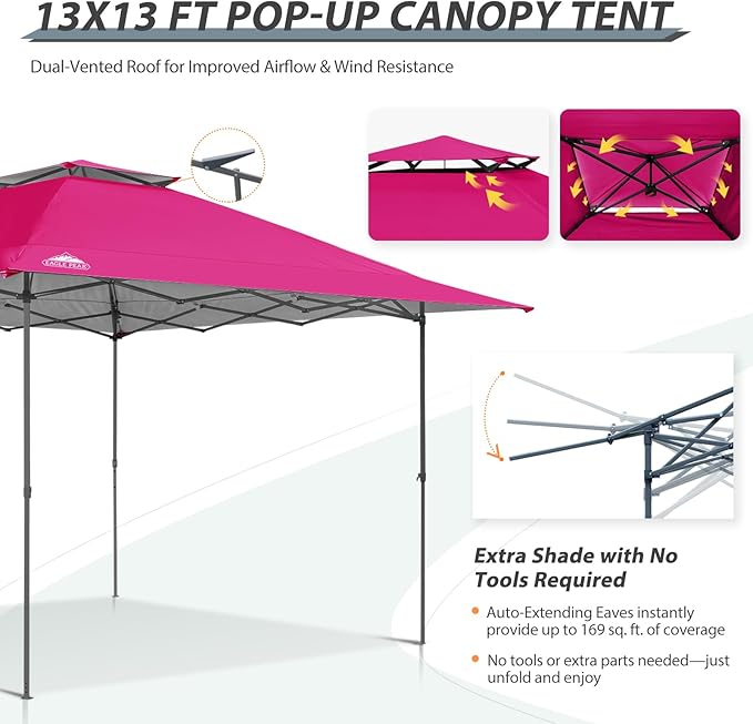 EAGLE PEAK 13x13 Straight Leg Pop Up Canopy Tent Instant Outdoor Canopy Easy Single Person Set up Folding Shelter w/Auto Extending Eaves 169 Square Feet of Shade (Deep Pink)