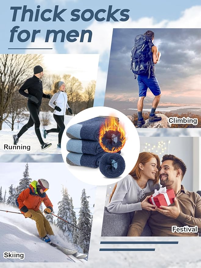Senker Fashion Merino Wool Hiking Socks for Men, Warm Crew Socks W/Cushion Moisture Wicking for Trekking Work Outdoor