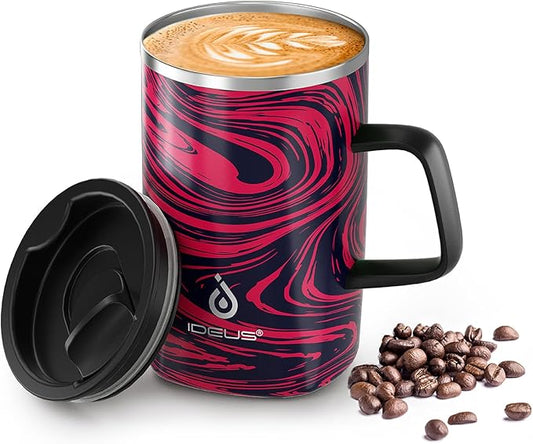 Ideus Vacuum Insulated Coffee Mug, 16oz Reusable Stainless Steel Thermal Double Walled cup with Handle and Slider Lid for Hot & Cold Beverages, BPA Free (Red Zebra)