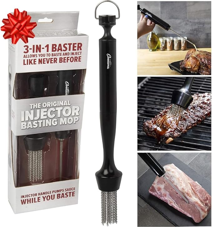 Camerons 3-in-1 Barbecue Injector Basting Mop - Baster Set Includes BBQ Chain Basting Brush & Meat Syringe to Baste, Marinate & Inject Food w Flavor - Indoor Outdoor Use - Grilling Cookout Essential