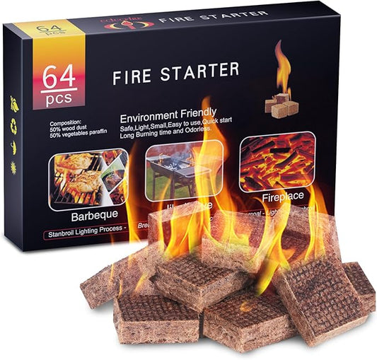 HGD Fire Starter, 64 Mini Square, Natural Fire Starters for BBQ, Campfire, Fireplace, Charcoal, Wood Stove, Chimney, Fire Pit, Grill, Smoker, Indoor Outdoor Use
