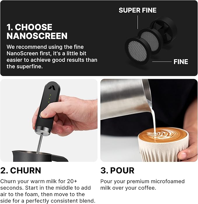 Subminimal Performance Milk Foamer - NanoFoamer Lithium Handheld Frother - Rechargeable, Dual-Speed - Microfoamed Milk in 30sec, Barista-Style Coffee - Coffee Lover Gifts - White Special Edition