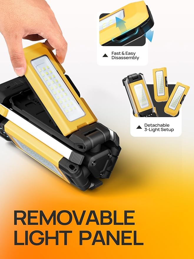 10000mAh Rechargeable Camping Light with Stand 5.6 ft Max Height, with 2 Detachable Lamp Panels, Cordless Led Work Light, Camping Garage Workshop Car Repair
