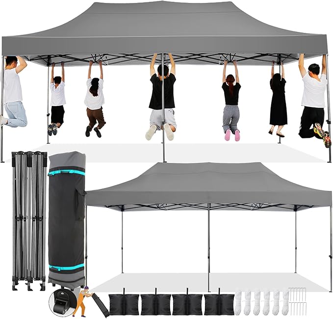 COBIZI 10x20 Pop Up Canopy Without Sidewall,Heavy Duty Canopy UPF 50+ All Season Wind Waterproof Commercial Outdoor Wedding Party Tents for Parties Gazebo with Roller Bag(10 x 20 ft Gray)