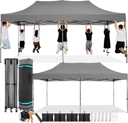 COBIZI 10x20 Pop Up Canopy Without Sidewall,Heavy Duty Canopy UPF 50+ All Season Wind Waterproof Commercial Outdoor Wedding Party Tents for Parties Gazebo with Roller Bag(10 x 20 ft Gray)
