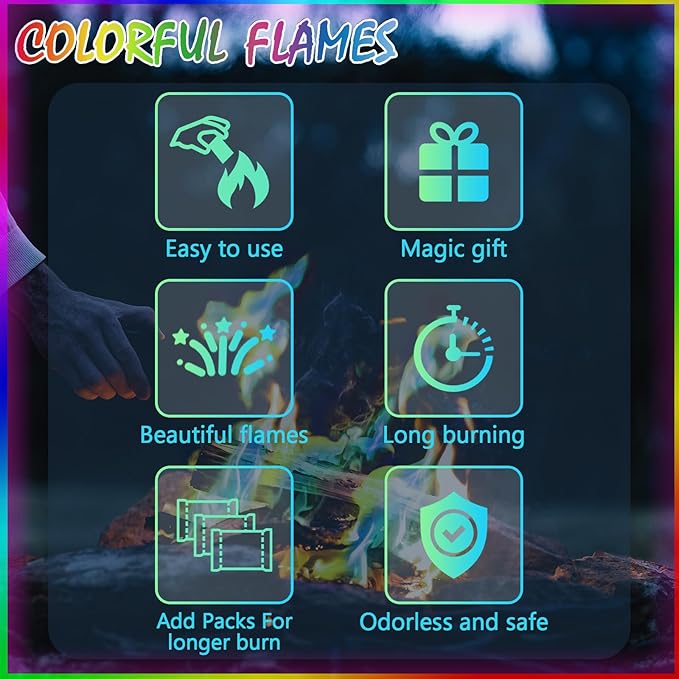Fire Color Changing Packets [6Pack]，Color Fire Packets for Outdoor Campfires, Fire Pits, Fireplaces, Colorful Flames, Long Burn Time, Safe, Magic for Child