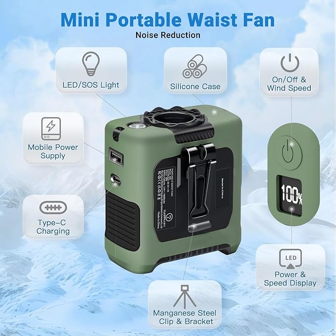 Portable Fans Strong Airflow Personal Waist Fan with Max 40H Runtime Hands Free Neck Fans Wearable Belt Fan for Outdoor Jobsite Camping and Traveling 5 Speeds USB-C Rechargeable 10000mAh (Green)