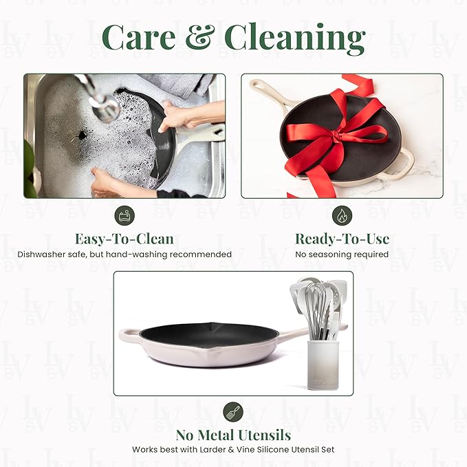 Larder & Vine Enameled Cast Iron Skillet | 10.25 inch Cast Iron Pan | Saute Pan with Pour Spouts | Enamel Coated Cast Iron Skillet | Compatible on All Cooktops & Oven Safe to 500° F | Stone