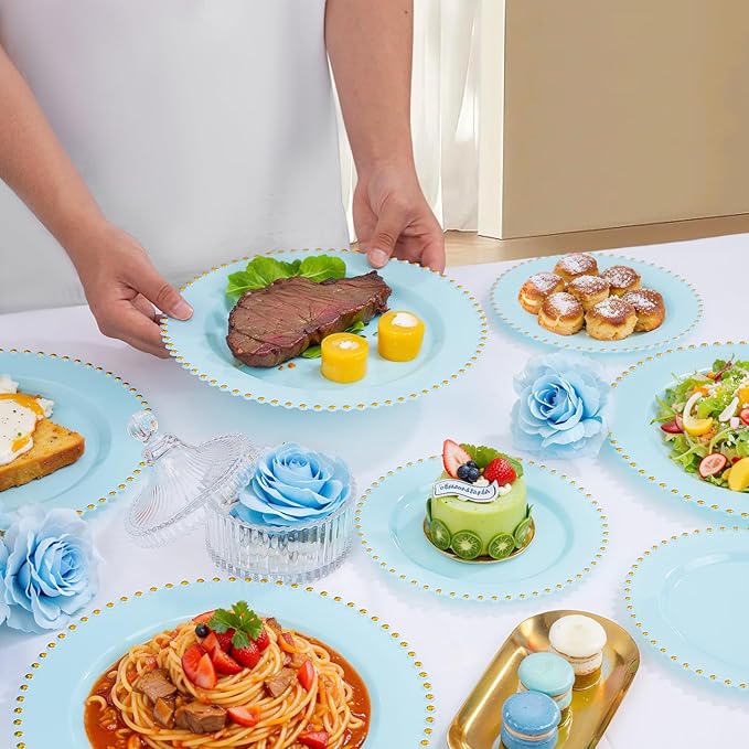 EI 60pcs Blue Plastic Plates,Dispoable Heavy Duty Plastic Plates with Gold Rim,Baby Blue Dessert/Dinner Plate,Fancy Elegant Plate for Party,Birthday,Afternoon Tea