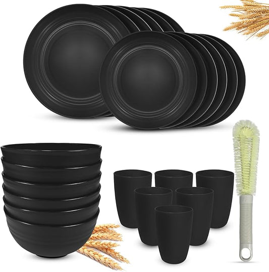 Kitchen Wheat Straw Dinnerware Sets (25pcs) Attached cleaning brush,Service For 6,Plastic Plates and Bowls Sets,Unbreakable Dinnerware,Lightweight Plastic Plate Set (black)