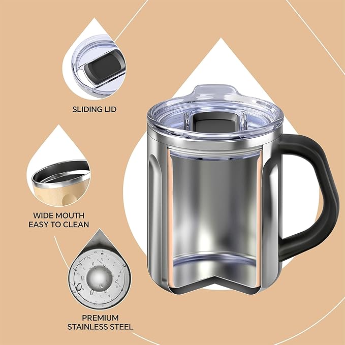 Ideus 16 oz Coffee Cup, Stainless Steel Coffee Travel Mug, Spill Proof Tea Mug with Handle and Lid, Lightweight and Durable, Great for Office Home and Outdoor Use, Peach