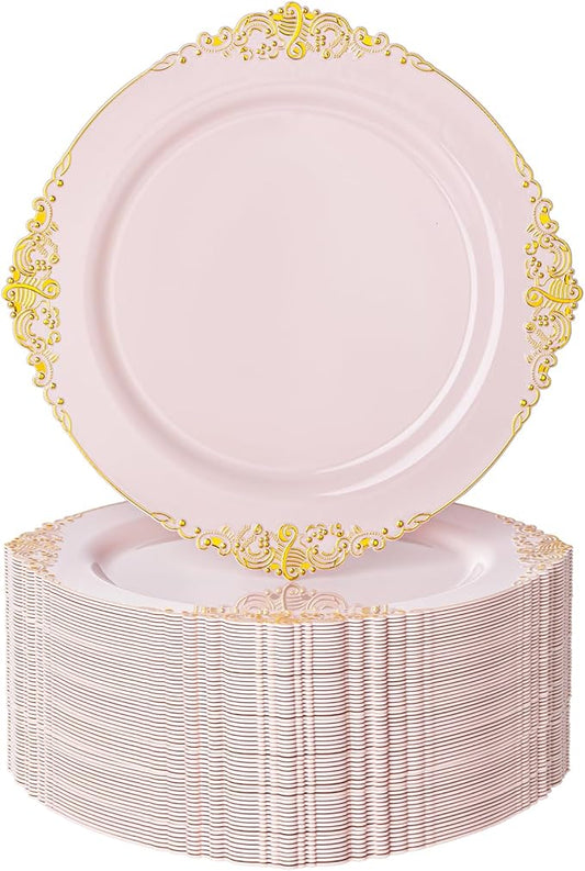 Nervure 100PCS Pink and Gold Plastic Plates - 7.5 inch Pink Plastic Plates with Gold Rim - Disposable Dessert Plate for Wedding & Party & New Year