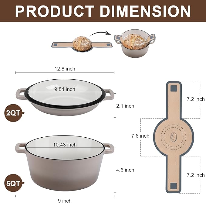 E-far 5 Quart Enameled Cast Iron Dutch Oven, 2 in 1 Dutch Oven Pot with Skillet Lid and Silicone Bread Sling, Ideal for Bread Baking, Cooking, Stewing, Frying, Induction & Oven Safe - Khaki