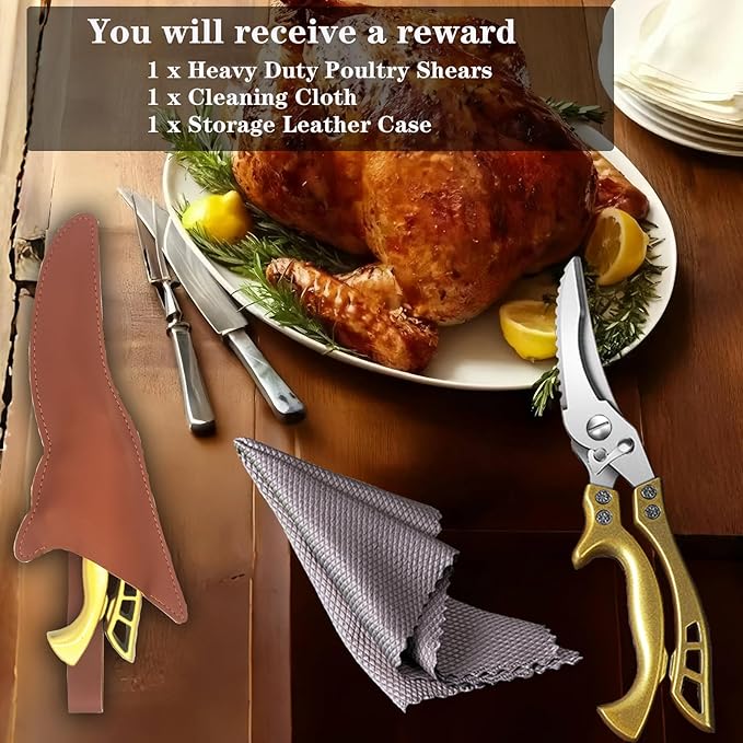 ANDONG Heavy Duty Kitchen Poultry Shears with Serrated Edge, Spring Loaded Kitchen Scissors, Professional Chicken Shears, Gold