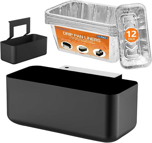 Blackstone Grease Catcher& Drip Tray Set - Universal Grease Catcher Compatible with Blackstone 17/22/28/36" Griddles - Includes 12 Pack Grease Cup Liners & Long/Narrow Hooks - Two Mounting Options