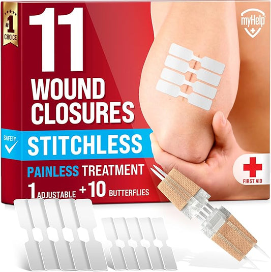 Emergency Wound Closure Strips - 11pk - 2 Types Easy to Use Butterfly Bandages - Stitchless & Painless Laceration Closure Kit