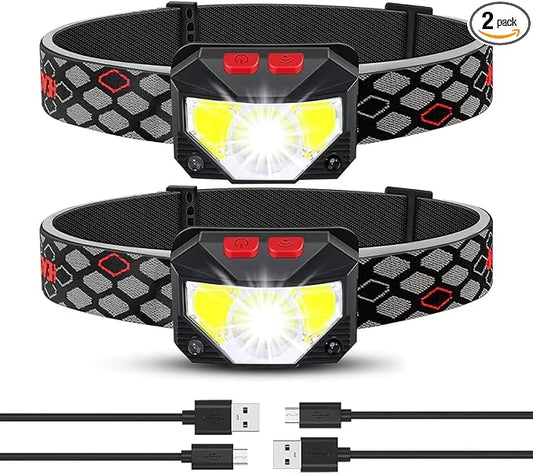 Headlamp Rechargeable 2 Pack, Bright LED Head Lamp Outdoor 1100 Lumen Headlight with White Red Light, Motion Sensor Waterproof 8 Modes Headlamps Flashlights for Running Cycling Fishing