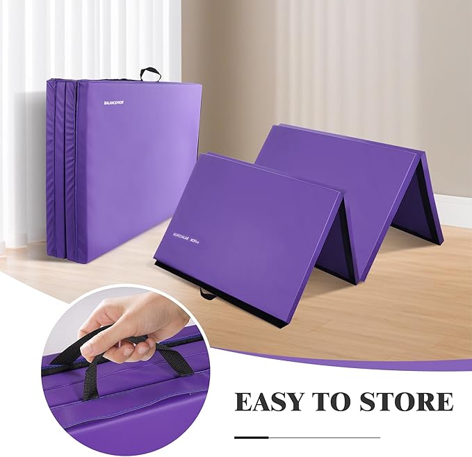 Folding Exercise Gymnastics Mat, 4'x8'x2" Gym Workout Mat with Carrying Handles 4-Fold High-Density Anti-Tear Portable Fitness Aerobics Mat for Home Gym Yoga Pilates Tumbling MMA Core Training