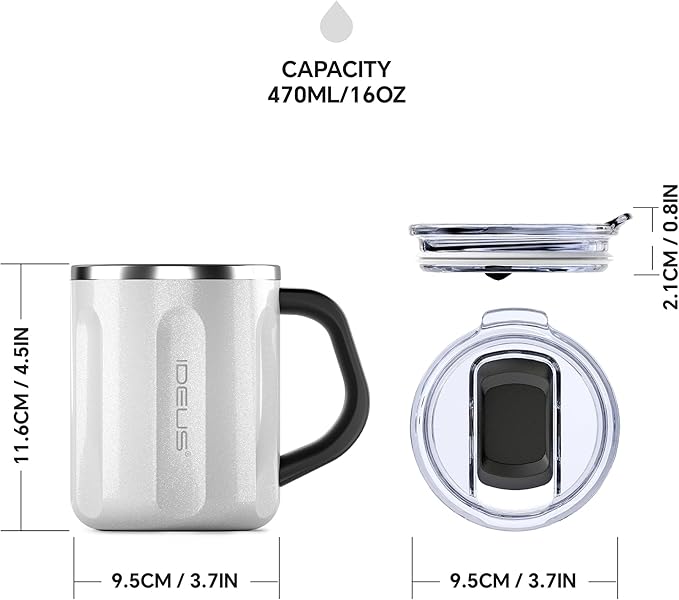 Ideus 16 oz Coffee Cup, Stainless Steel Coffee Travel Mug, Spill Proof Tea Mug with Handle and Lid, Lightweight and Durable, Great for Office Home and Outdoor Use, White
