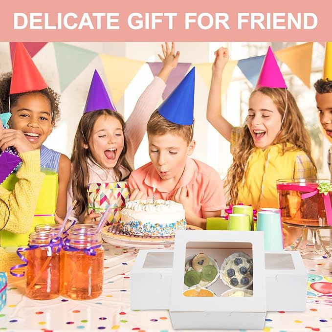 OAMCEG 50 PCS White Cupcake Boxes with Window, 6x6x3 Inch Cookie Boxes, Bakery Containers for Pastry, Dessert, Chocolate Strawberries, Treat Boxes with Stickers & Jute Twine