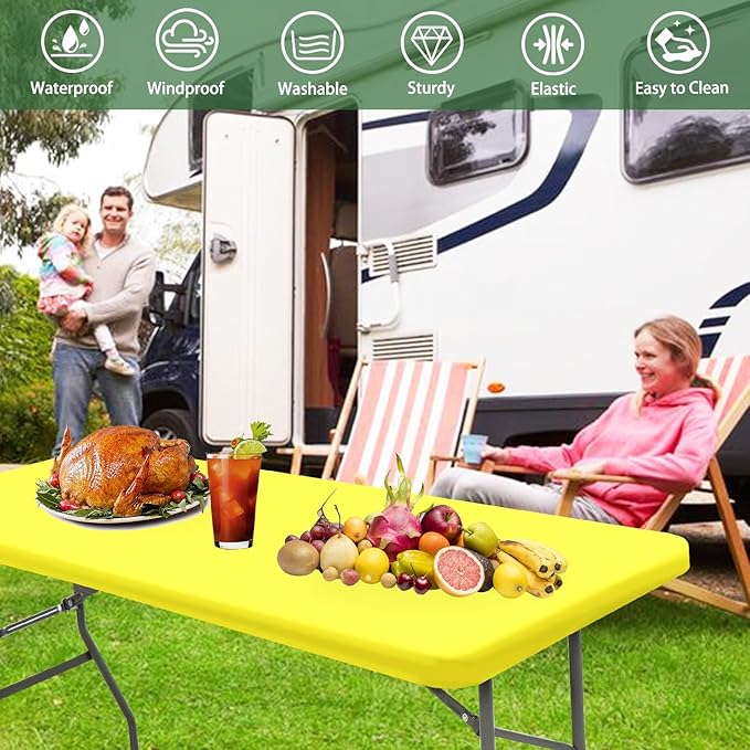 6 Pack Picnic Table Cover Fitted Tablecloths 6 Foot Rectangle Tables Elastic Waterproof Stretch Washable Patio Folding Outdoor Spandex Table Cloth for Camping Banquet and Parties (Yellow,30" x 72")
