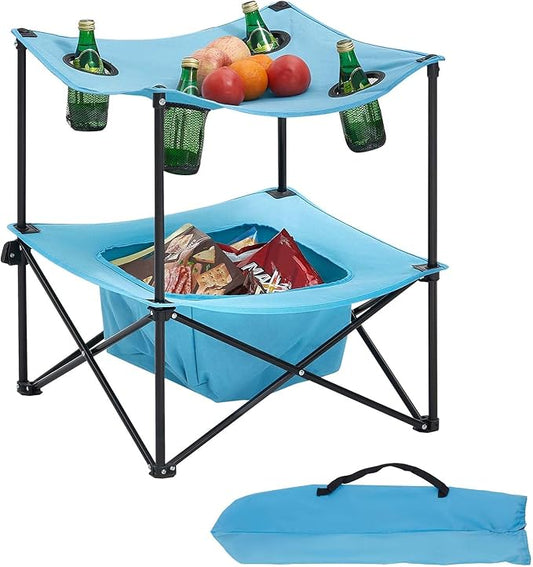 VEVOR Folding Camping Table, Portable Outdoor Lightweight Picnic Table, 600D Oxford Fabric Waterproof Canvas Travel Beach Tables, with 4 Cup Holders, Carry Bag, for Tailgating Camping Picnic, Blue