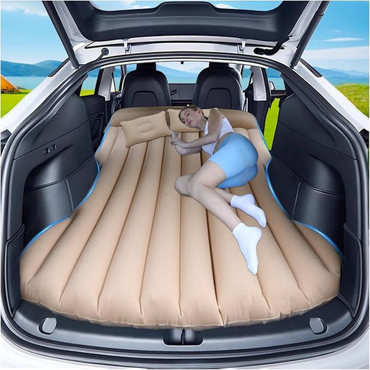 Car Air Mattress for Tesla Model Y, Inflatable SUV Mattress Camping Bed fit Cars RV Van Truck Backseat Trunk, Foldable Portable Bed Sleeping Pad Tent Mat for Car Home Camping Travel (Beige)