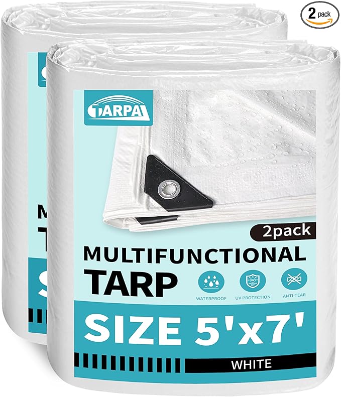 TARPAL 5x7 Feet White Tarp Waterproof (2 Pack) Small tarps Multipurpose Protective Cover All Purpose Poly Tarps Cover for Firewood Outdoor Furniture etc