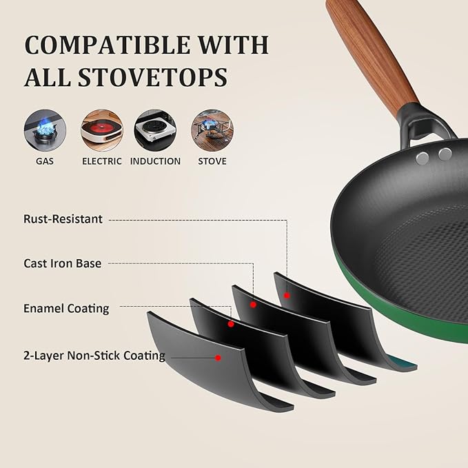 YUTANN 12 Inch Cast Iron Skillet,Pre-Seasoned Large Nonstick Enameled Frying Pan, PFOA&PFAS-Free, Detachable Scald-resistant Wooden Handle, Easy to Clean,Stovetop and oven compatible