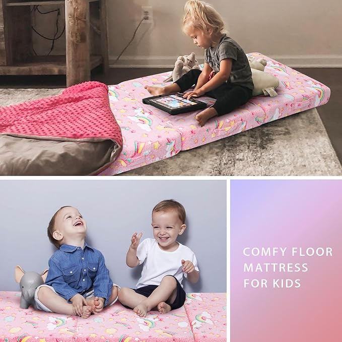 MeMoreCool Glow Pink Unicorn Foldable Floor Mattress for Kids, Trifold Nap Mat for Toddlers, Portable Daycare Sleeping Futon or Floor Bed, 57x22 Inch