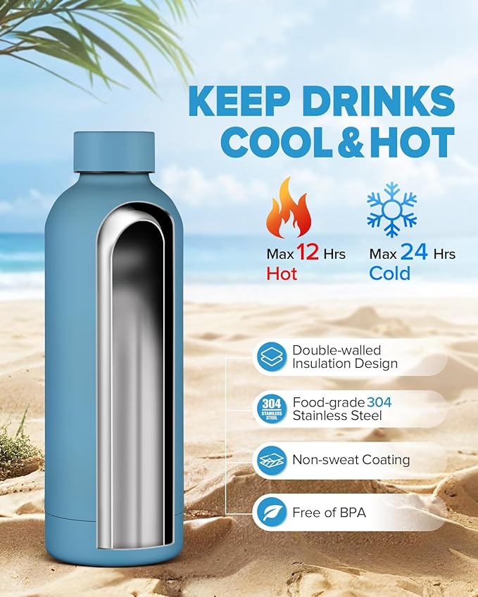 Insulated Water Bottle with Lid, 17 oz Reusable Leak-Proof Metal Stainless Steel Water Bottles for Travel, Sports, Gym, Outdoor (Sky Blue)